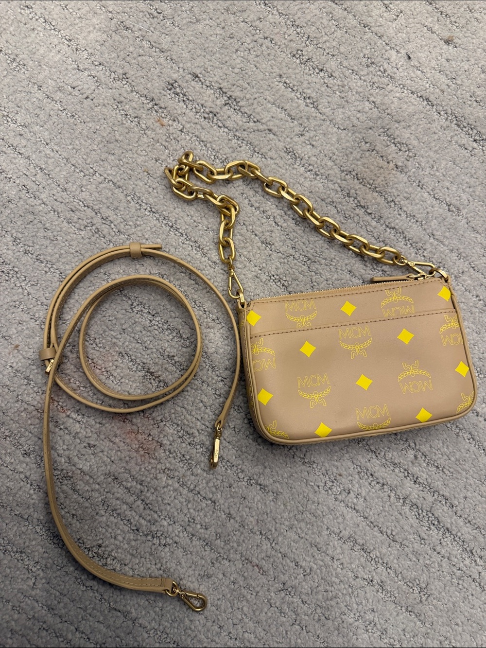 MCM Tan & Yellow Coated Canvas Crossbody with Gold Chain